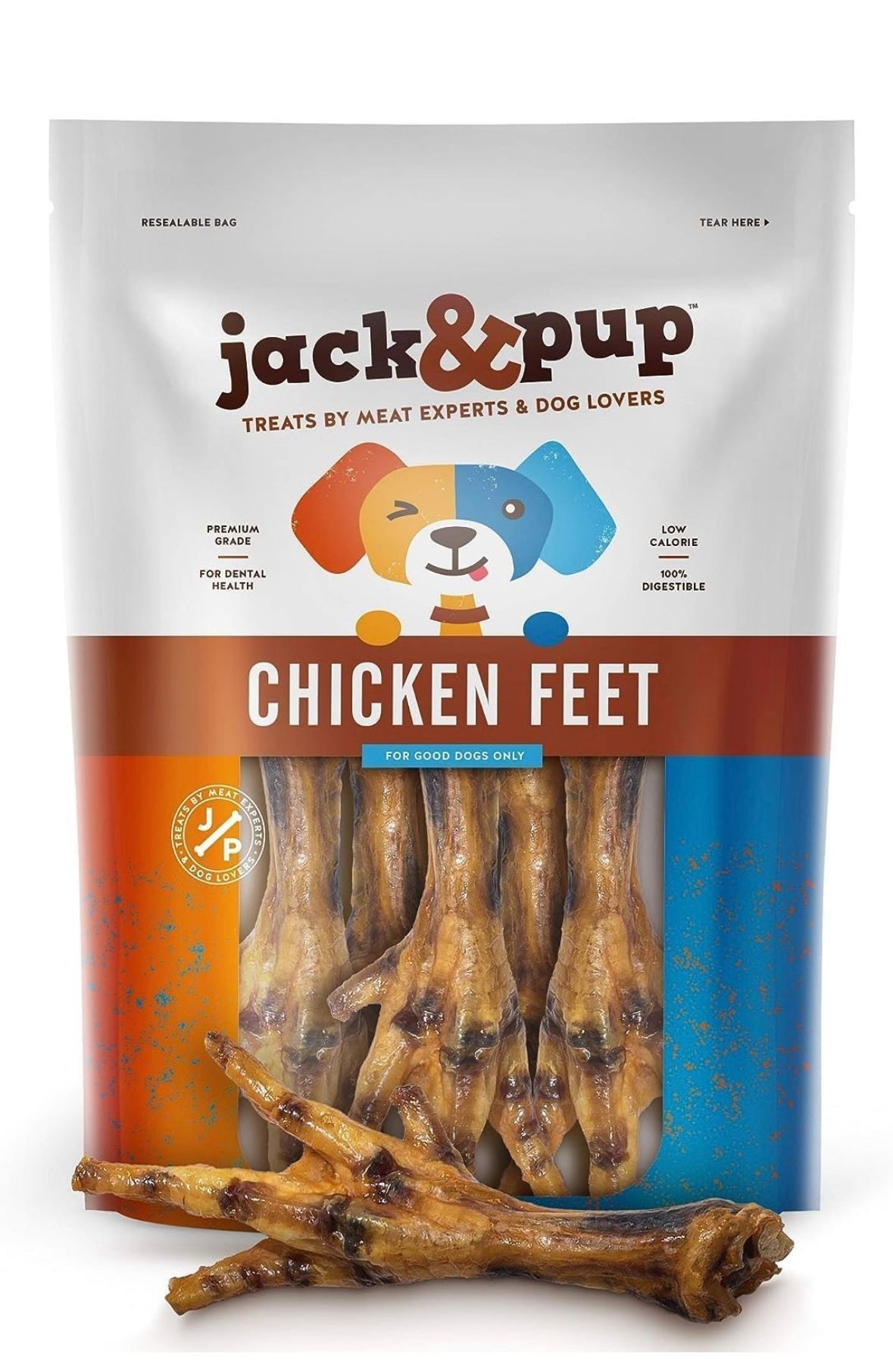 Bag of Jack & Pup premium grade chicken feet dog treats aimed at supporting dental health.