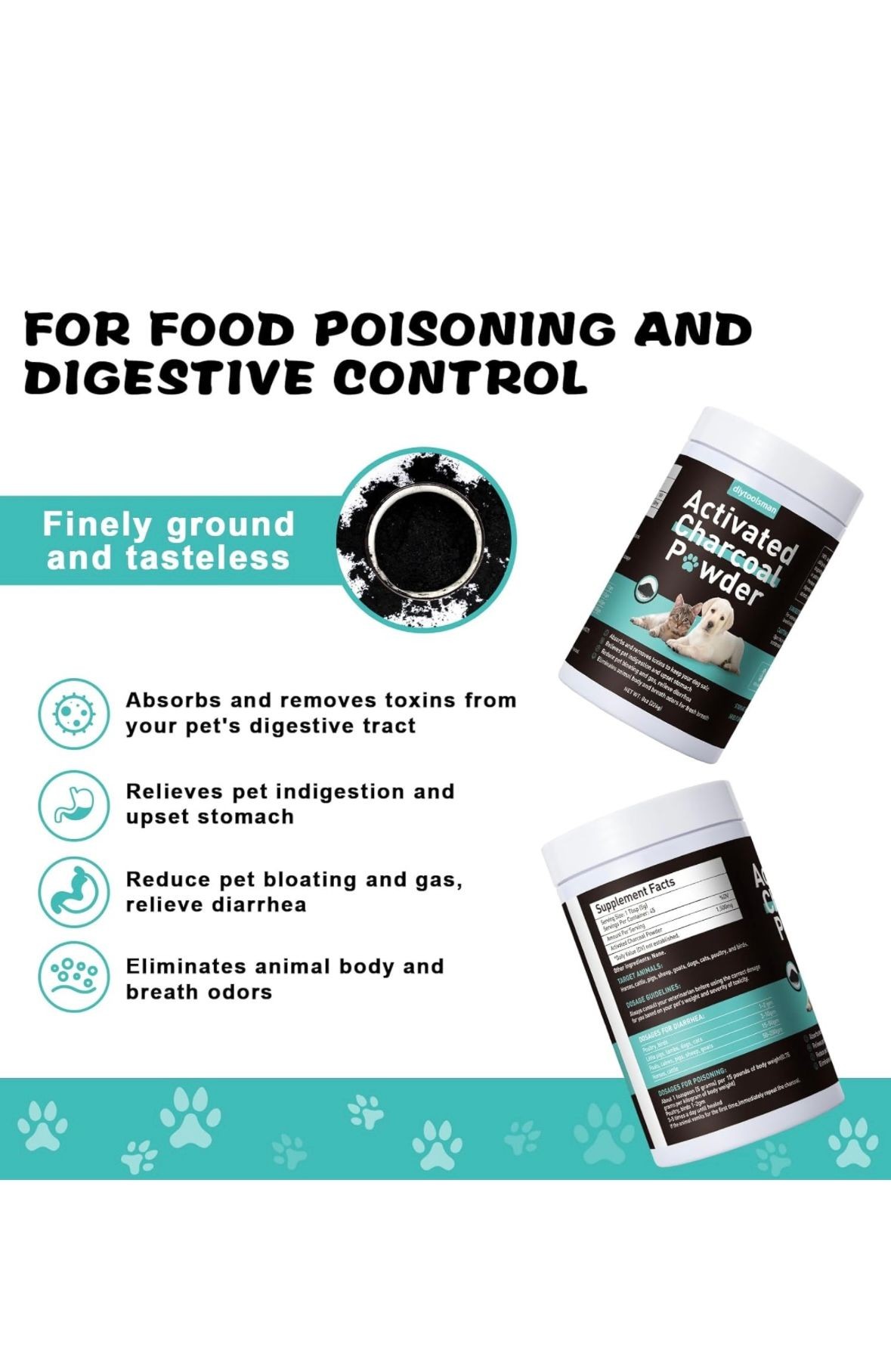 Advertisement for activated charcoal powder for pets, detailing uses for digestive control and food poisoning relief.